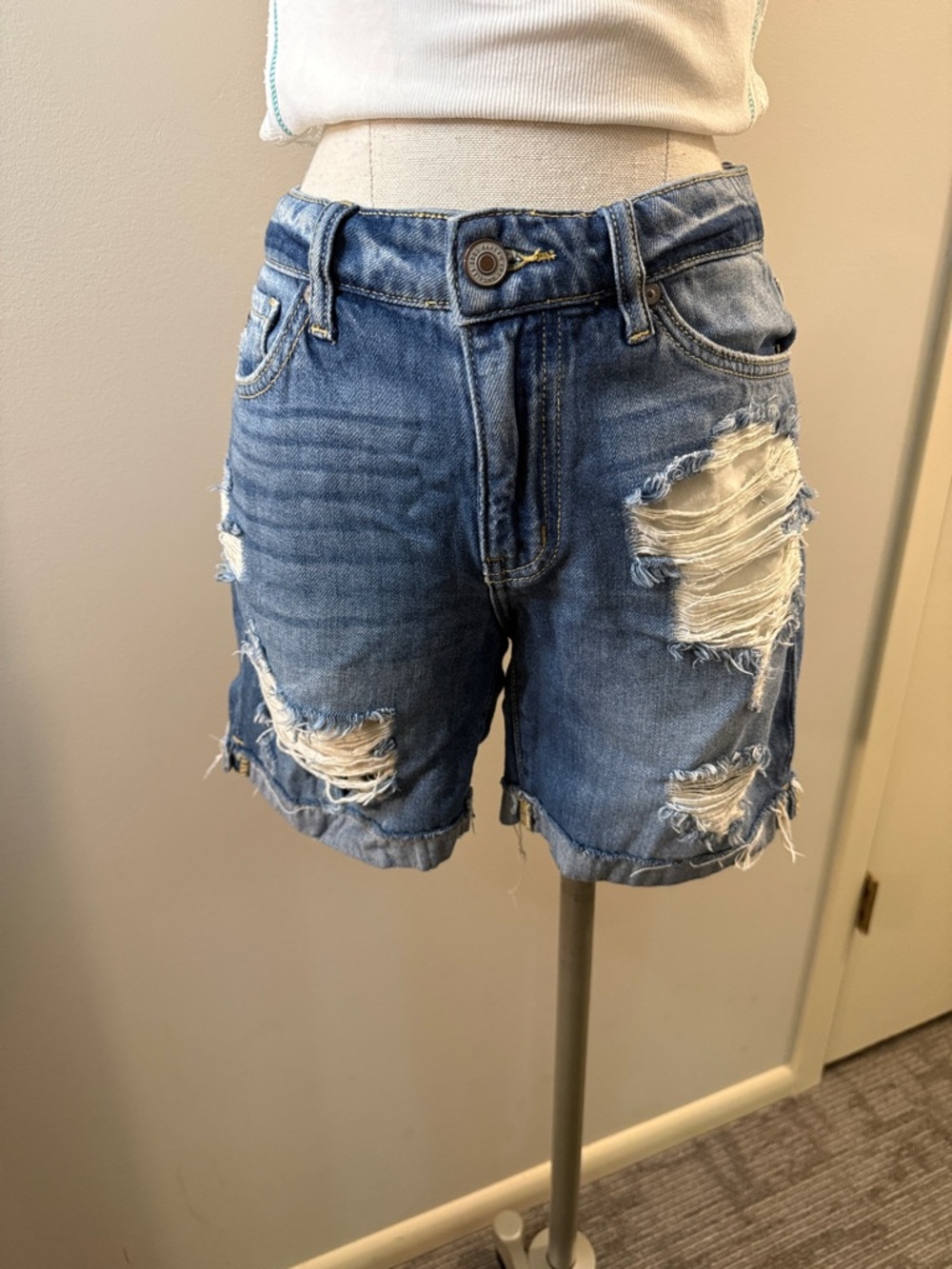 KanCan Distressed Medium Blue Denim Ripped Shorts